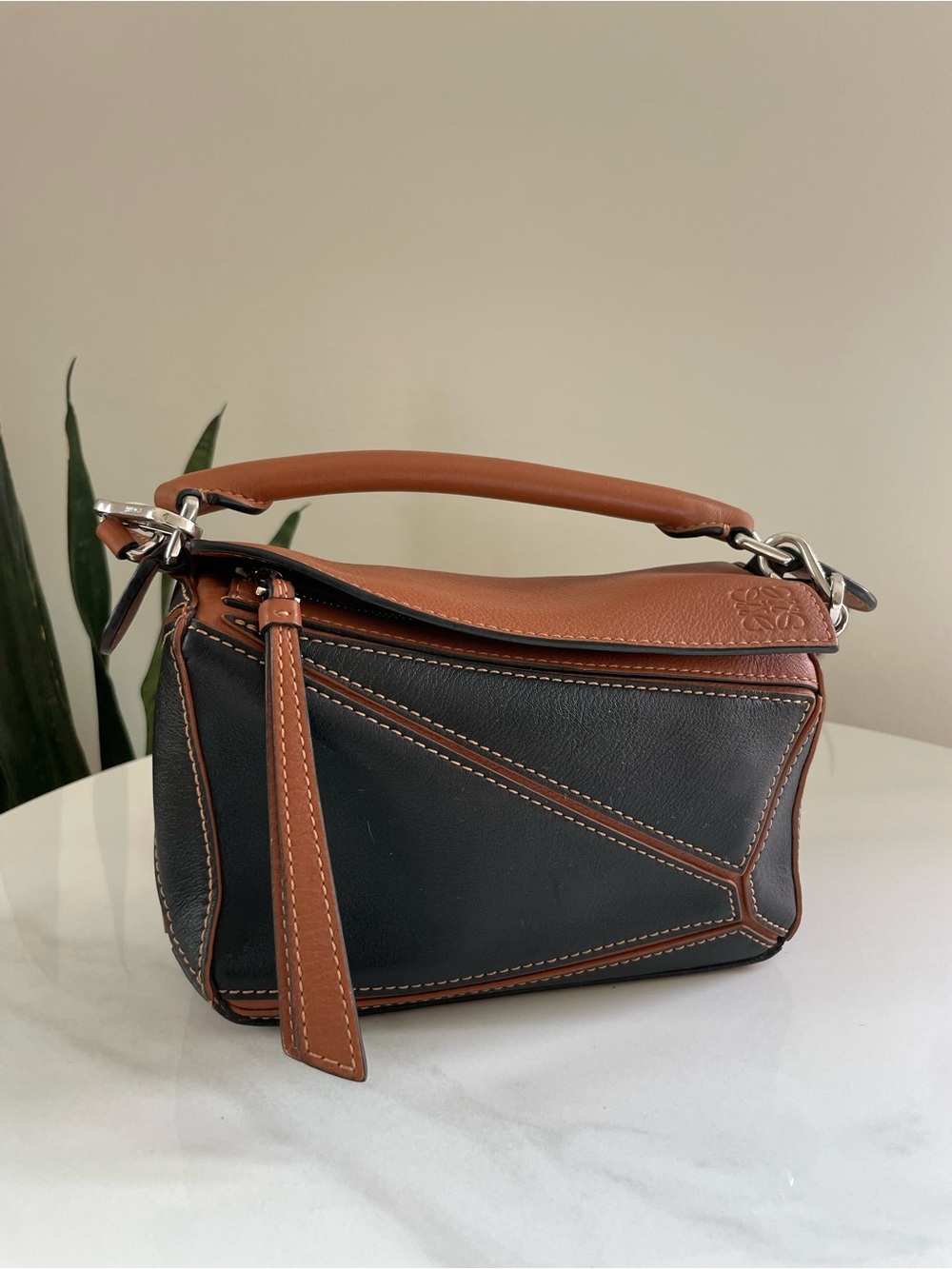 Loewe Mini Puzzle Bag Two-Tone Leather Top Handle + Strap